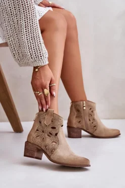 Hot Boto Ażurowe Botki Zamszowe Lewski Shoes 3170/2 Beżowe