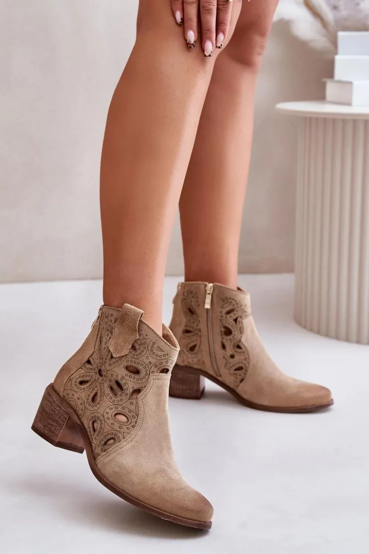 Hot Boto Ażurowe Botki Zamszowe Lewski Shoes 3170/2 Beżowe