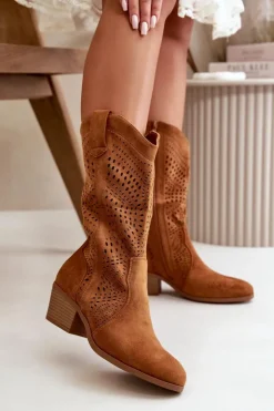 Best Boto Ażurowe Damskie Botki Kowbojki Na Obcasie Camel Iceda