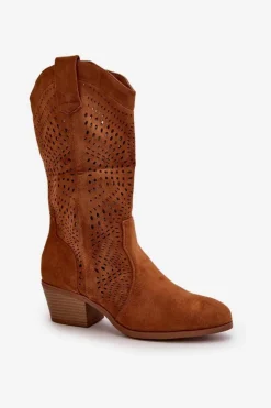 Best Boto Ażurowe Damskie Botki Kowbojki Na Obcasie Camel Iceda