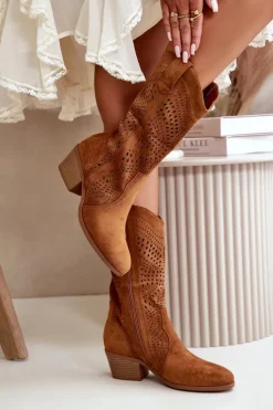 Best Boto Ażurowe Damskie Botki Kowbojki Na Obcasie Camel Iceda