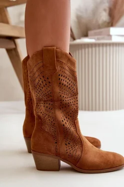 Best Boto Ażurowe Damskie Botki Kowbojki Na Obcasie Camel Iceda