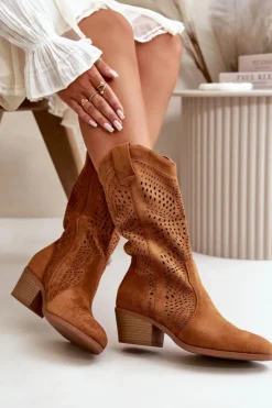 Best Boto Ażurowe Damskie Botki Kowbojki Na Obcasie Camel Iceda