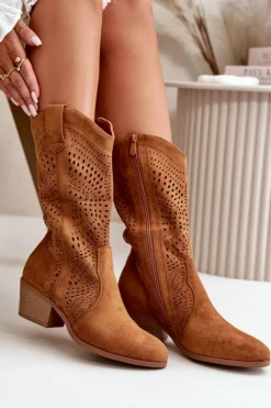 Best Boto Ażurowe Damskie Botki Kowbojki Na Obcasie Camel Iceda