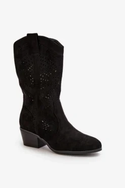 Damskie Boto Ażurowe Damskie Botki Kowbojki Na Obcasie Czarne Iceda