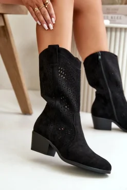 Damskie Boto Ażurowe Damskie Botki Kowbojki Na Obcasie Czarne Iceda