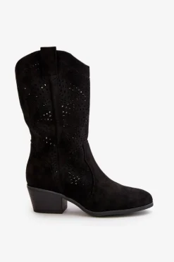 Damskie Boto Ażurowe Damskie Botki Kowbojki Na Obcasie Czarne Iceda