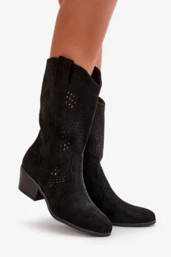 Damskie Boto Ażurowe Damskie Botki Kowbojki Na Obcasie Czarne Iceda