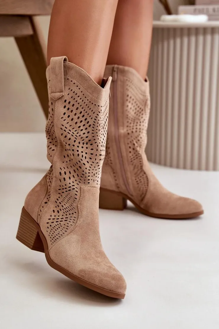 New Boto Ażurowe Damskie Botki Kowbojki Na Obcasie Brązowe Iceda