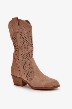 New Boto Ażurowe Damskie Botki Kowbojki Na Obcasie Brązowe Iceda
