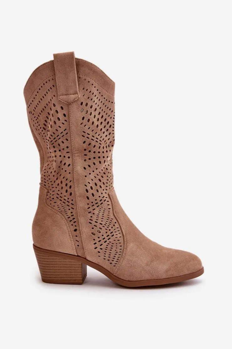 New Boto Ażurowe Damskie Botki Kowbojki Na Obcasie Brązowe Iceda