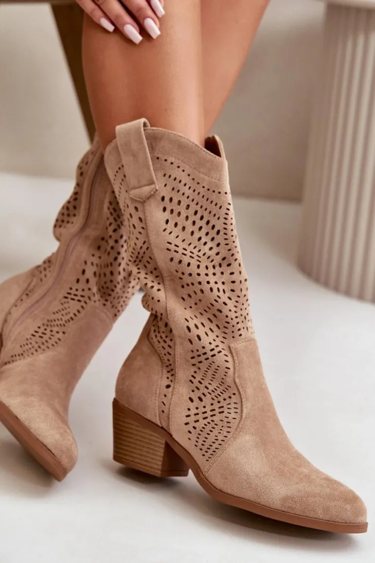 New Boto Ażurowe Damskie Botki Kowbojki Na Obcasie Brązowe Iceda