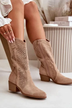 New Boto Ażurowe Damskie Botki Kowbojki Na Obcasie Brązowe Iceda