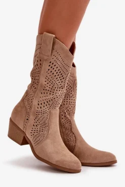 New Boto Ażurowe Damskie Botki Kowbojki Na Obcasie Brązowe Iceda
