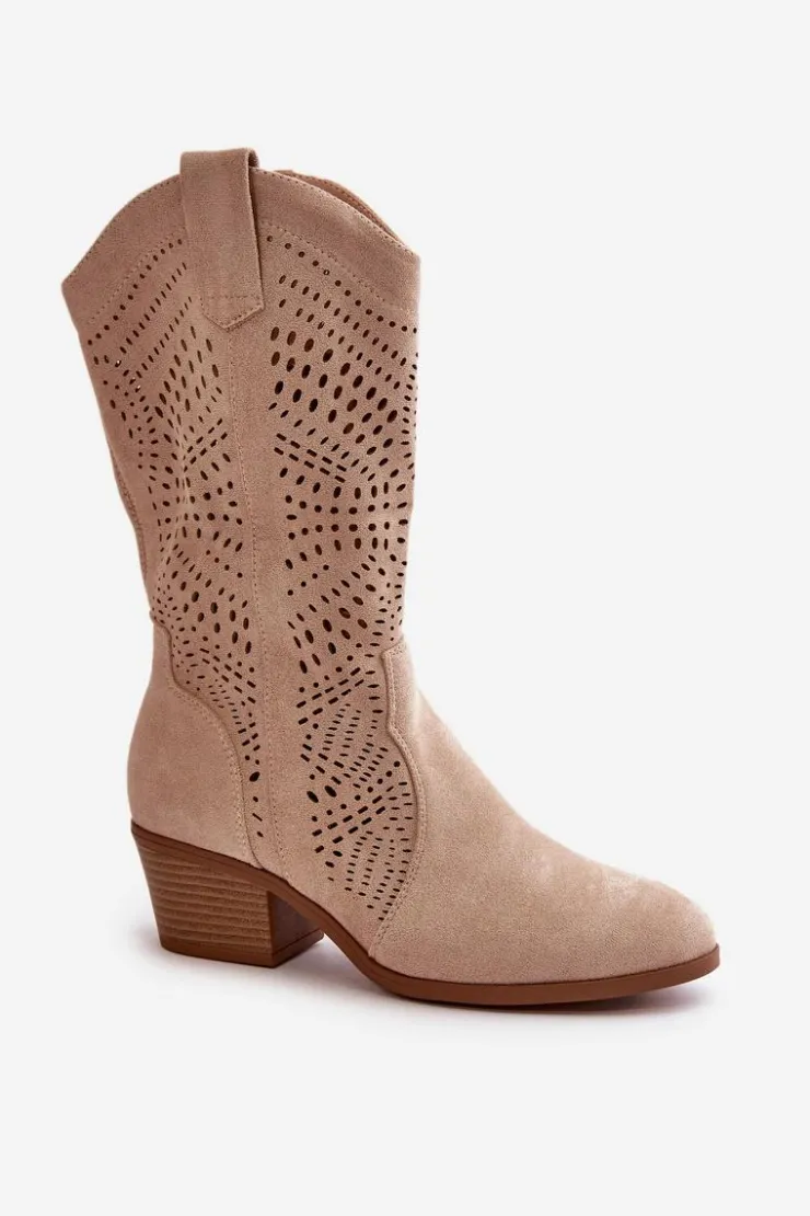 Clearance Boto Ażurowe Damskie Botki Kowbojki Na Obcasie Beżowe Iceda