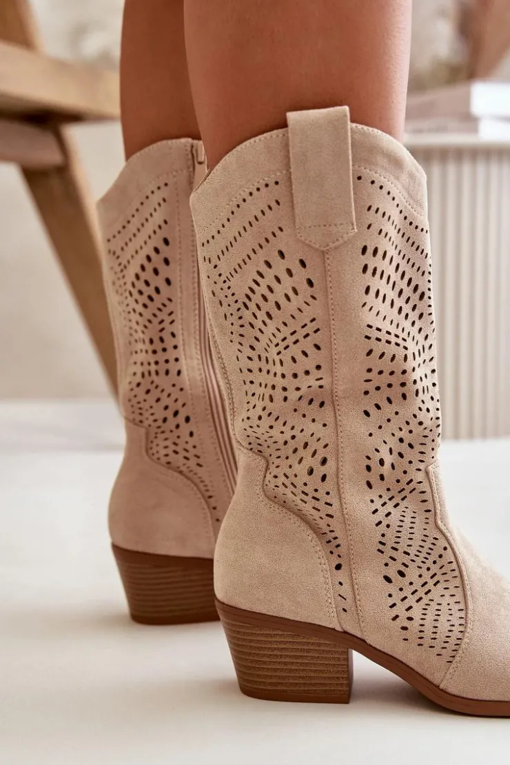 Clearance Boto Ażurowe Damskie Botki Kowbojki Na Obcasie Beżowe Iceda