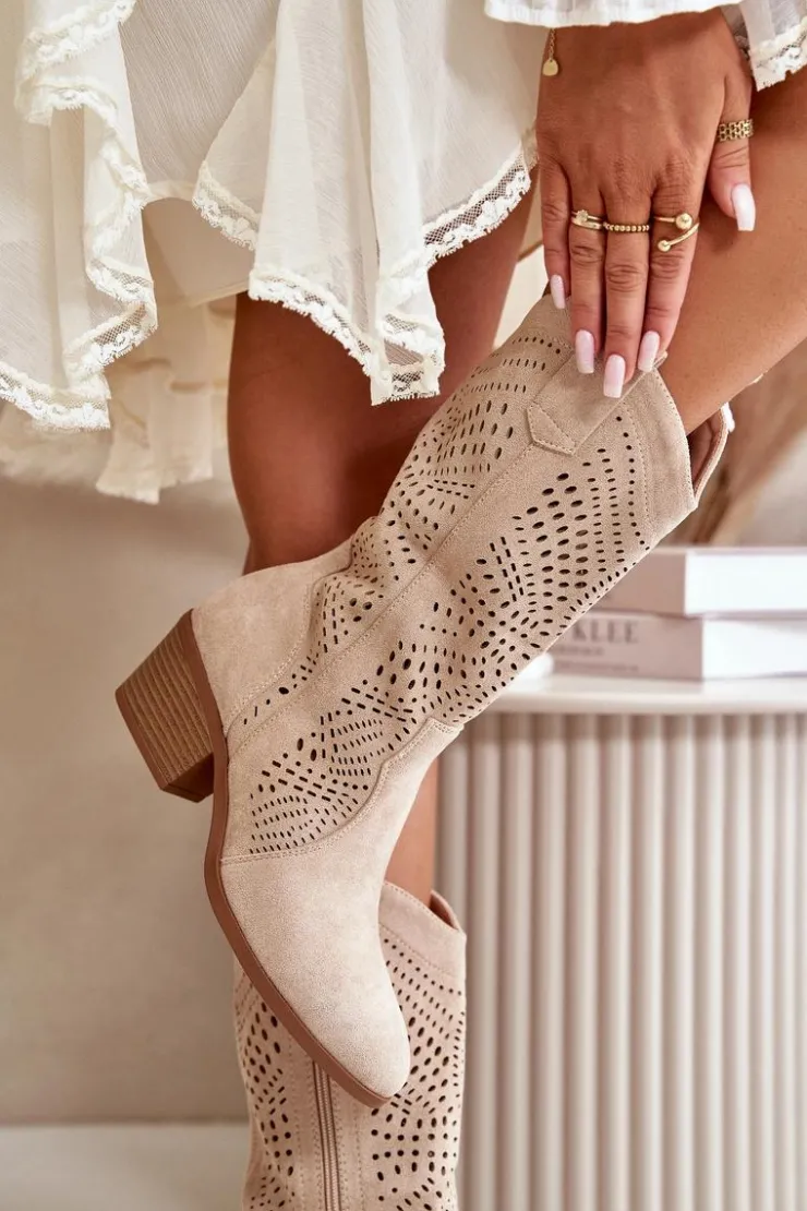 Clearance Boto Ażurowe Damskie Botki Kowbojki Na Obcasie Beżowe Iceda