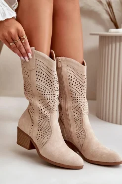Clearance Boto Ażurowe Damskie Botki Kowbojki Na Obcasie Beżowe Iceda