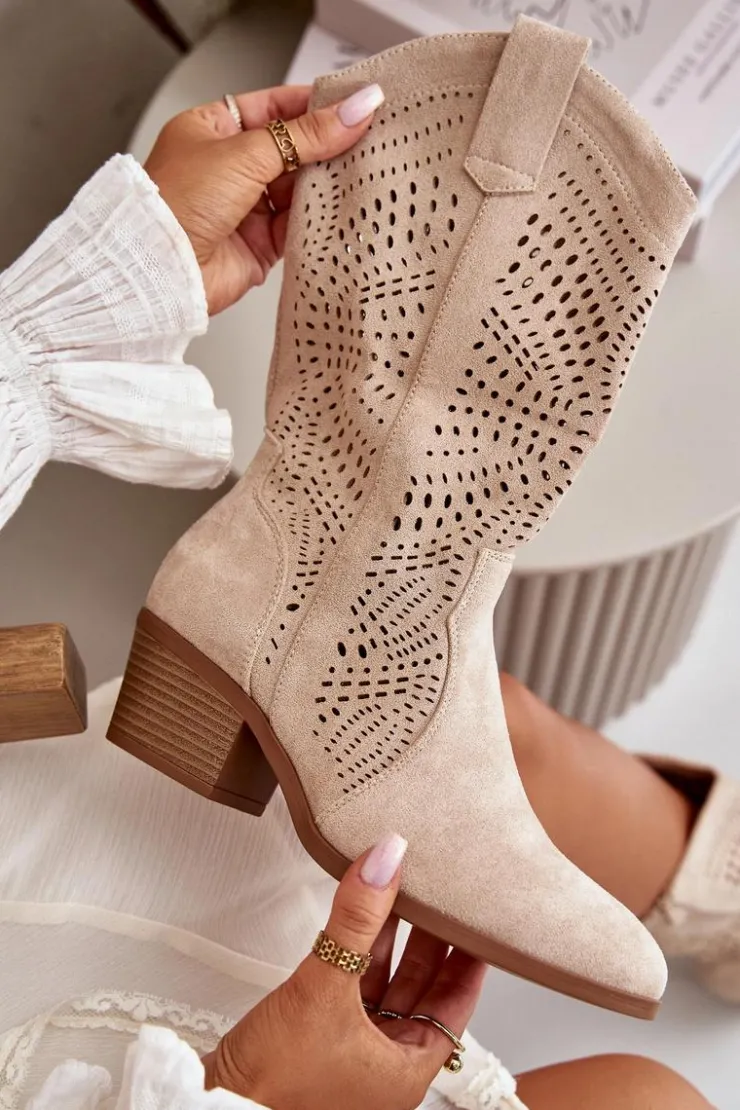Clearance Boto Ażurowe Damskie Botki Kowbojki Na Obcasie Beżowe Iceda