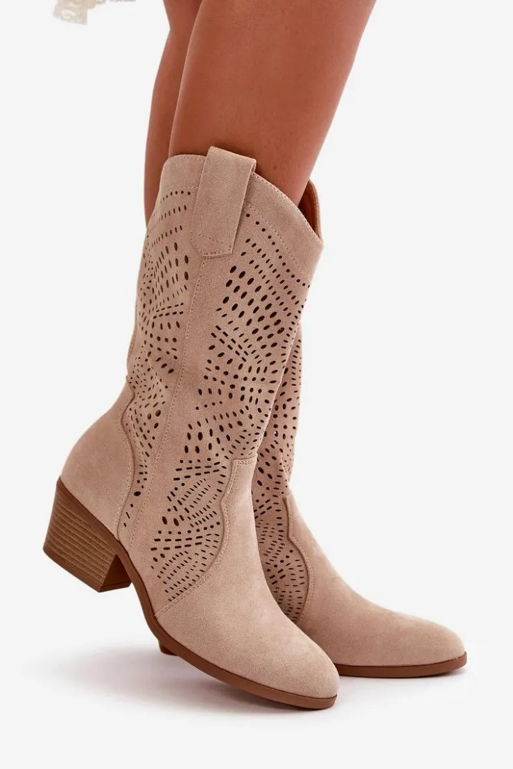Clearance Boto Ażurowe Damskie Botki Kowbojki Na Obcasie Beżowe Iceda