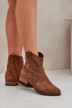 Boto Brązowe I Beżowe Botki|Botki Płaskie*Ażurowe Damskie Botki Na Niskim Obcasie Brązowe Neliawen