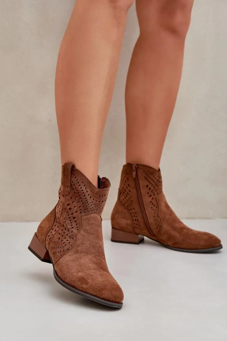 Boto Brązowe I Beżowe Botki|Botki Płaskie*Ażurowe Damskie Botki Na Niskim Obcasie Brązowe Neliawen