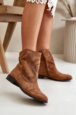 Damskie Boto Ażurowe Damskie Niskie Botki Zapinane Na Zamek Brązowe Irinette