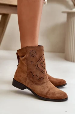 Damskie Boto Ażurowe Damskie Niskie Botki Zapinane Na Zamek Brązowe Irinette
