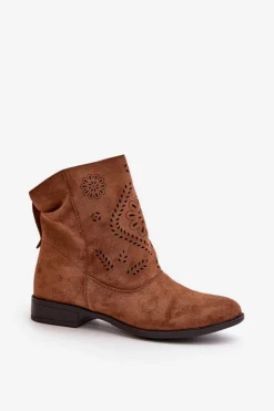 Damskie Boto Ażurowe Damskie Niskie Botki Zapinane Na Zamek Brązowe Irinette