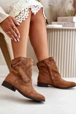 Damskie Boto Ażurowe Damskie Niskie Botki Zapinane Na Zamek Brązowe Irinette