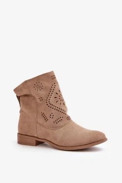 Damskie Boto Ażurowe Damskie Niskie Botki Zapinane Na Zamek Beżowe Irinette