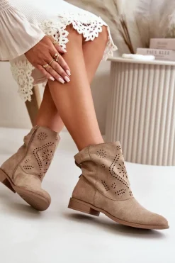 Damskie Boto Ażurowe Damskie Niskie Botki Zapinane Na Zamek Beżowe Irinette
