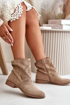 Damskie Boto Ażurowe Damskie Niskie Botki Zapinane Na Zamek Beżowe Irinette