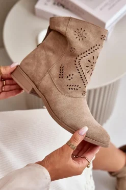 Damskie Boto Ażurowe Damskie Niskie Botki Zapinane Na Zamek Beżowe Irinette