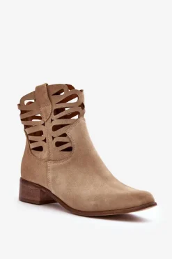 Damskie Boto Ażurowe Damskie Skórzane Botki Beżowe Lewski 3329