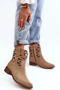 Damskie Boto Ażurowe Damskie Skórzane Botki Beżowe Lewski 3329