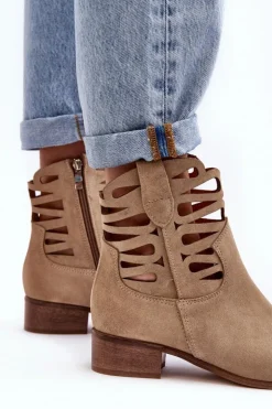 Damskie Boto Ażurowe Damskie Skórzane Botki Beżowe Lewski 3329