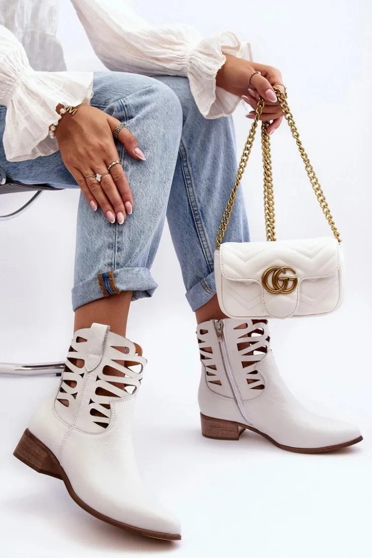 Boto Botki Skórzane|Brązowe I Beżowe Botki*Ażurowe Damskie Skórzane Botki Białe Lewski 3329