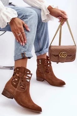 Sale Boto Ażurowe Damskie Skórzane Botki Brązowe Lewski 3329