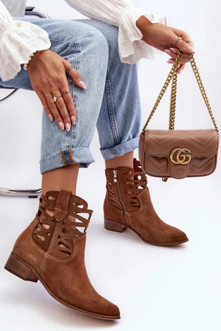 Sale Boto Ażurowe Damskie Skórzane Botki Brązowe Lewski 3329