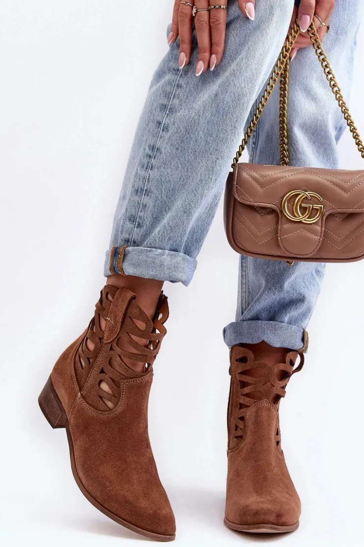 Sale Boto Ażurowe Damskie Skórzane Botki Brązowe Lewski 3329