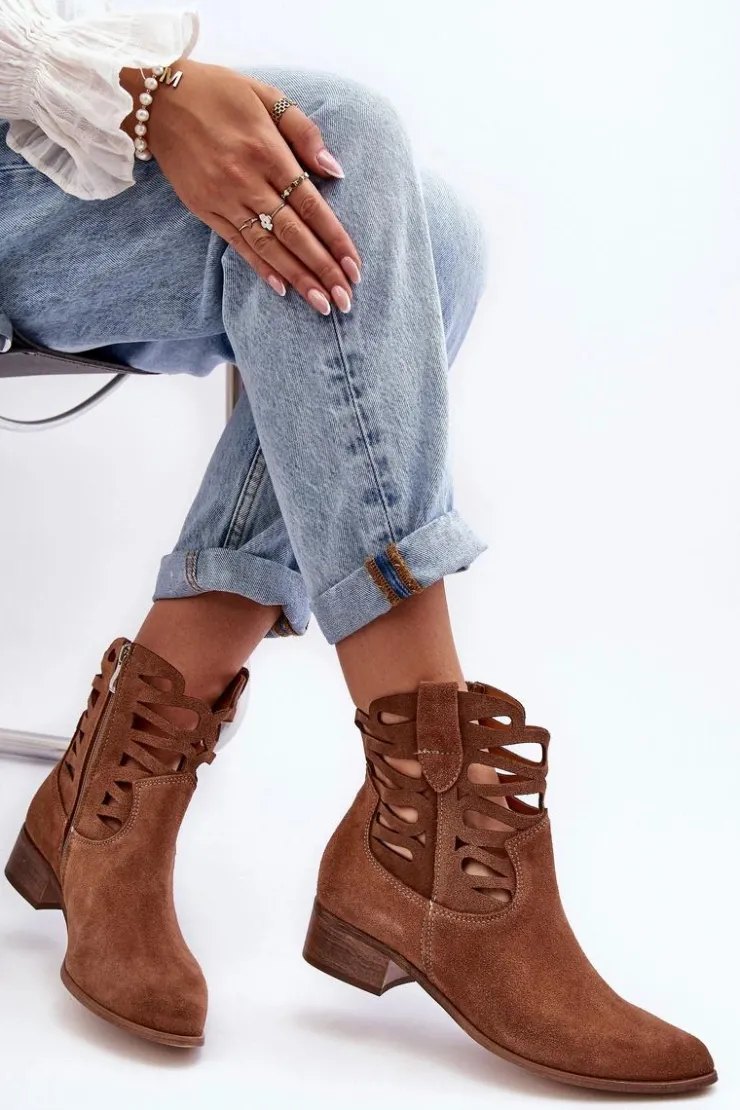 Sale Boto Ażurowe Damskie Skórzane Botki Brązowe Lewski 3329