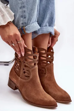 Sale Boto Ażurowe Damskie Skórzane Botki Brązowe Lewski 3329