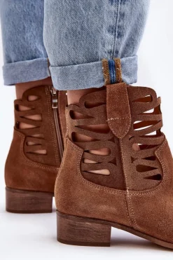 Sale Boto Ażurowe Damskie Skórzane Botki Brązowe Lewski 3329