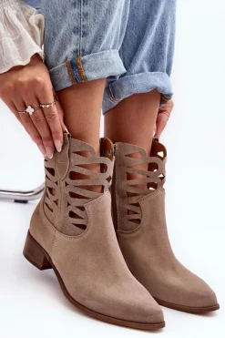 Boto Botki Wiosenne|Botki Skórzane*Ażurowe Damskie Skórzane Botki Ciemnobeżowe Lewski 3329