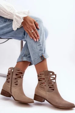 Boto Botki Wiosenne|Botki Skórzane*Ażurowe Damskie Skórzane Botki Ciemnobeżowe Lewski 3329