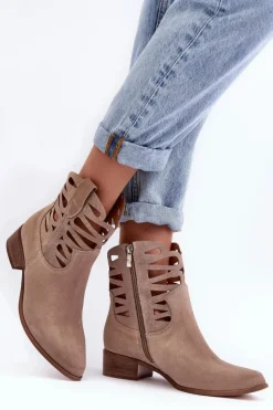 Boto Botki Wiosenne|Botki Skórzane*Ażurowe Damskie Skórzane Botki Ciemnobeżowe Lewski 3329