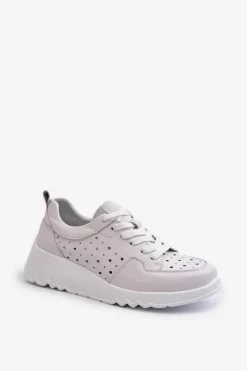 Damskie buty S.Barski Sneakersy Damskie*Ażurowe Damskie Sneakersy Na Koturnie Skóra Naturalna Jasnoszare S.Barski LR482 Szary