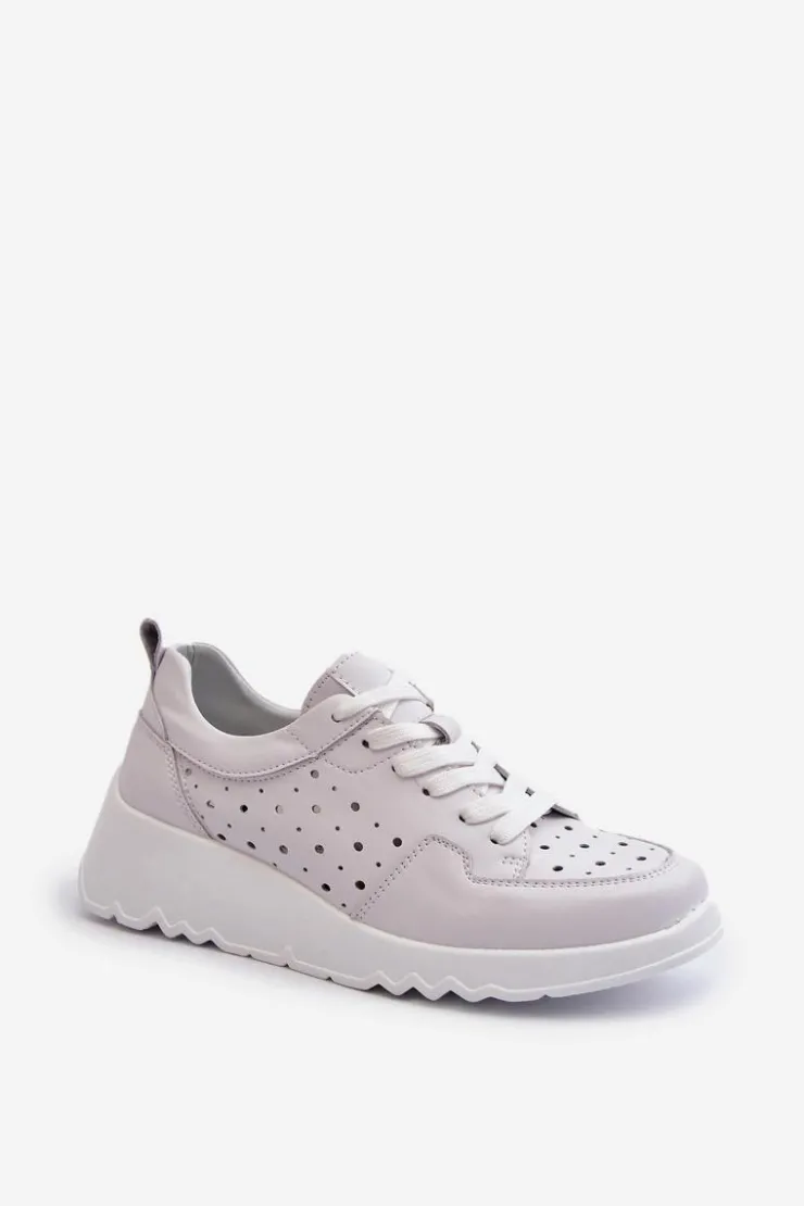 Damskie buty S.Barski Sneakersy Damskie*Ażurowe Damskie Sneakersy Na Koturnie Skóra Naturalna Jasnoszare S.Barski LR482 Szary