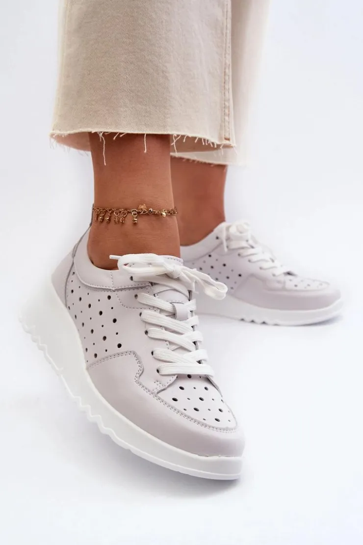 Damskie buty S.Barski Sneakersy Damskie*Ażurowe Damskie Sneakersy Na Koturnie Skóra Naturalna Jasnoszare S.Barski LR482 Szary